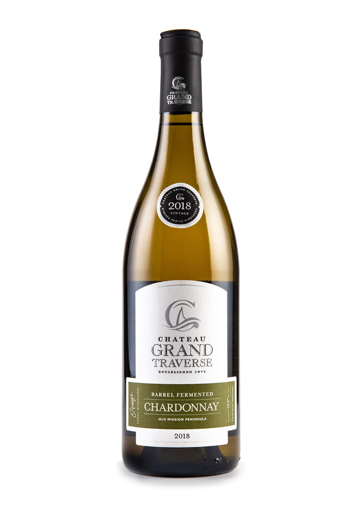 a bottle of 2018 Barrel fermented Chardonnay from Chateau Grand Traverse