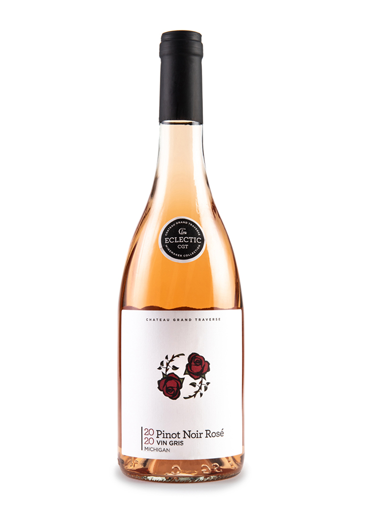 a bottle of 2020 Pinot Noir Rosé vin gris from chateau Grand traverse