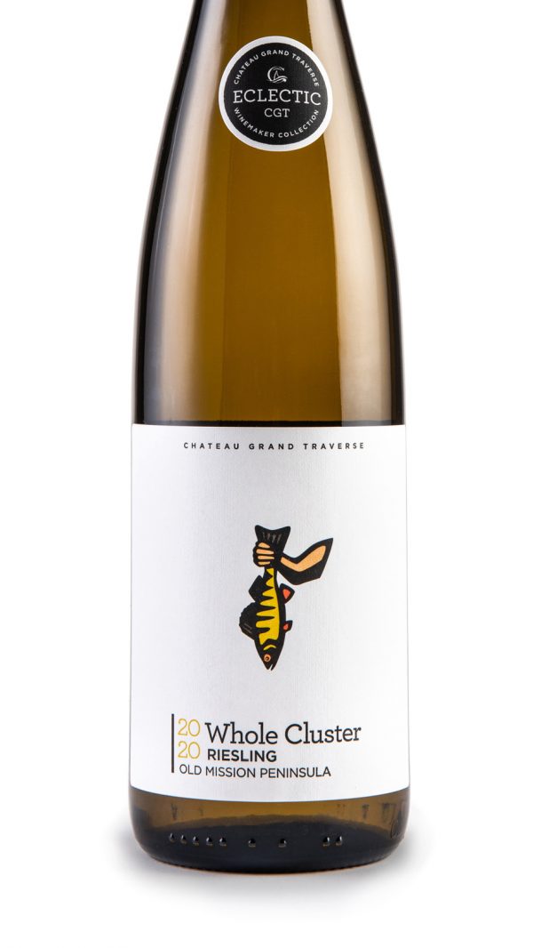 A bottle of 2020 Whole Cluster Riesling from Chateau Grand Traverse with a fish image on the label