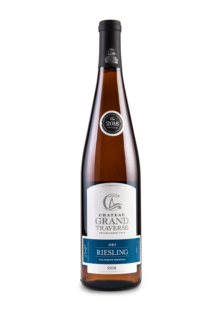 a bottle of 2018 Dry Riesling from Chateau Grand Traverse