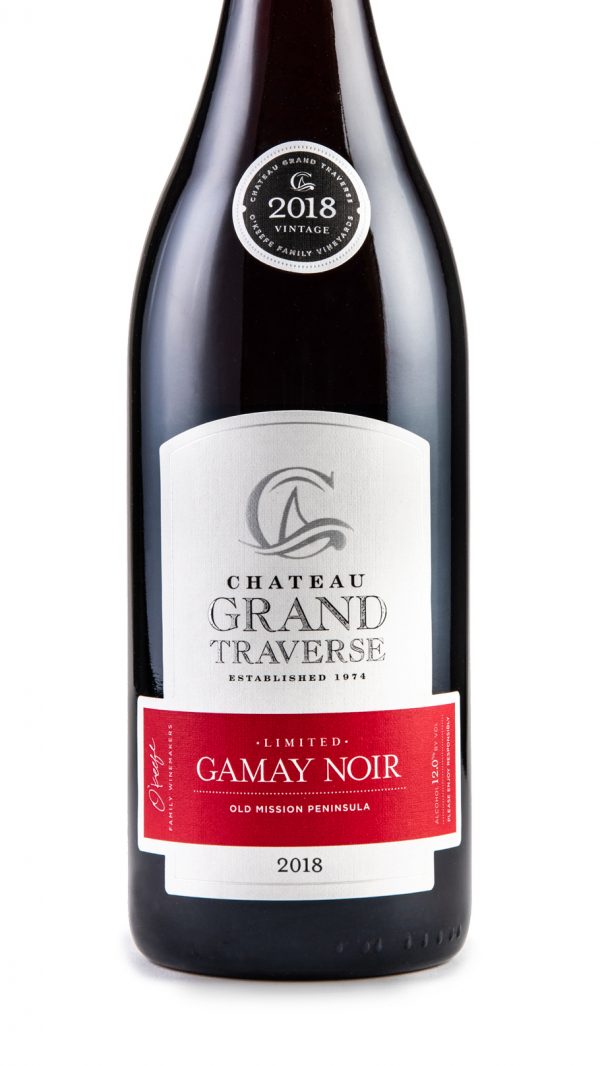 a bottle of 2018 Limited Gamay Noir from Chateau Grand Traverse