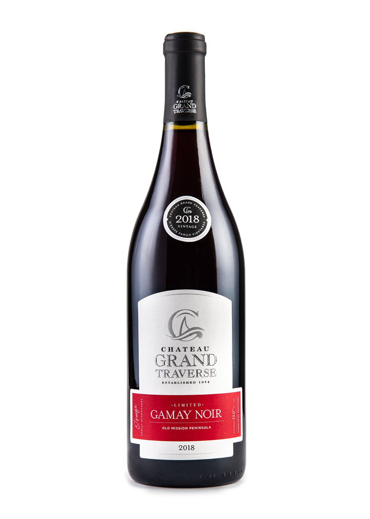 a bottle of 2018 Limited Gamay Noir from Chateau Grand Traverse