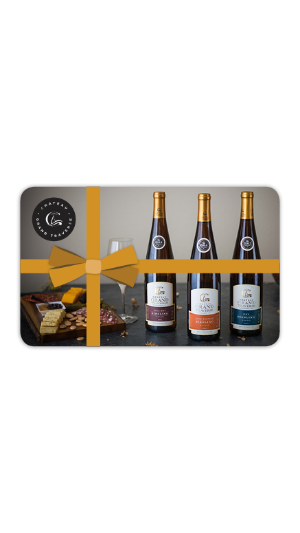 a gift card with three wine bottles, cheese board, and bow image for Chateau Grand Traverse