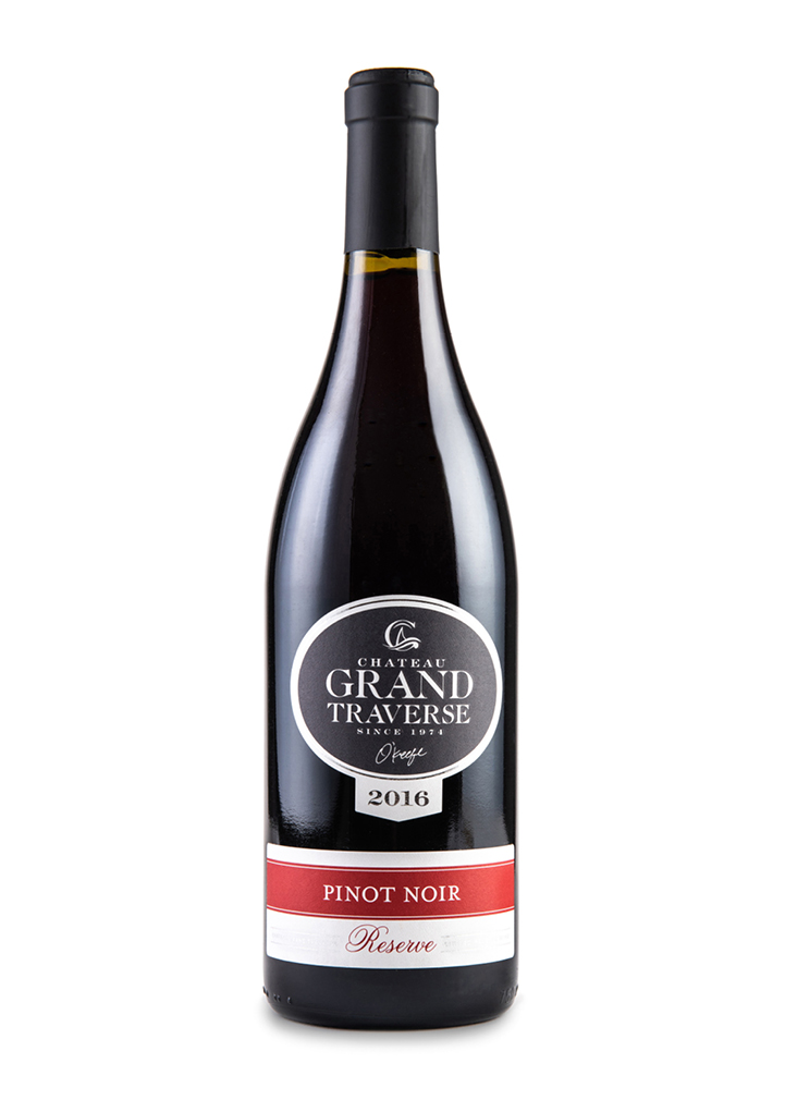 a bottle of 2016 Pinot Noir Reserve from Chateau Grand Traverse